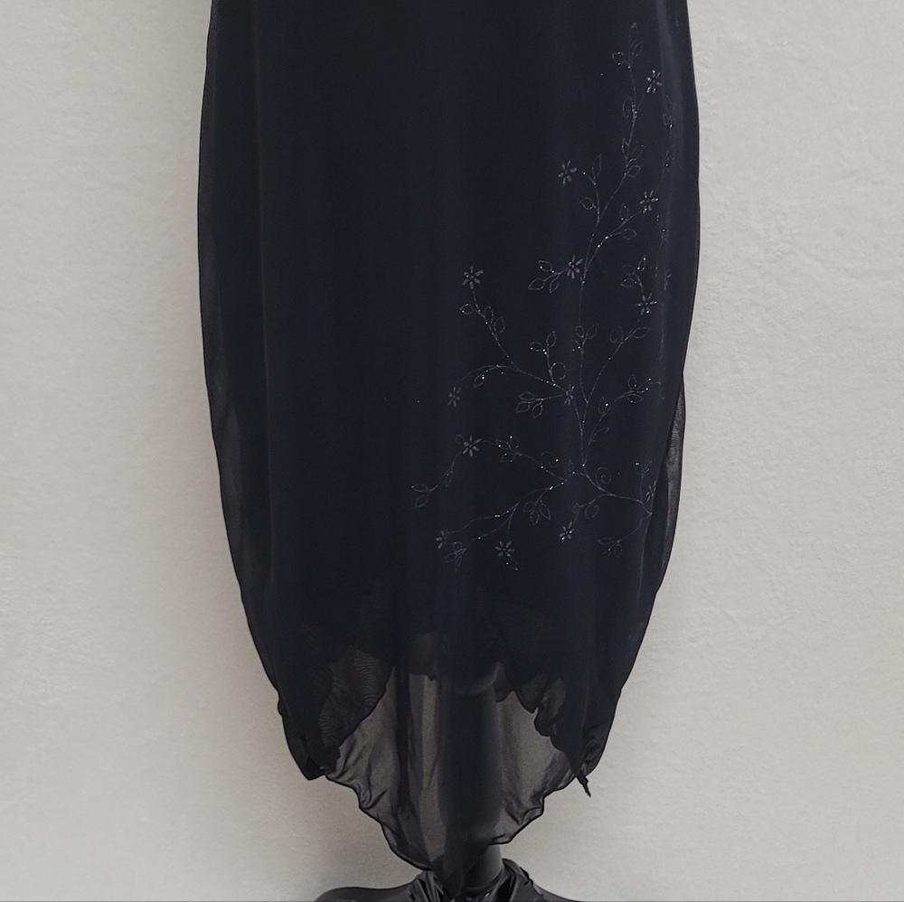 Vintage 90s AGB Black Semi-sheer Metallic Floral Handkerchief Hem Midi Dress 8 - Picture 4 of 13